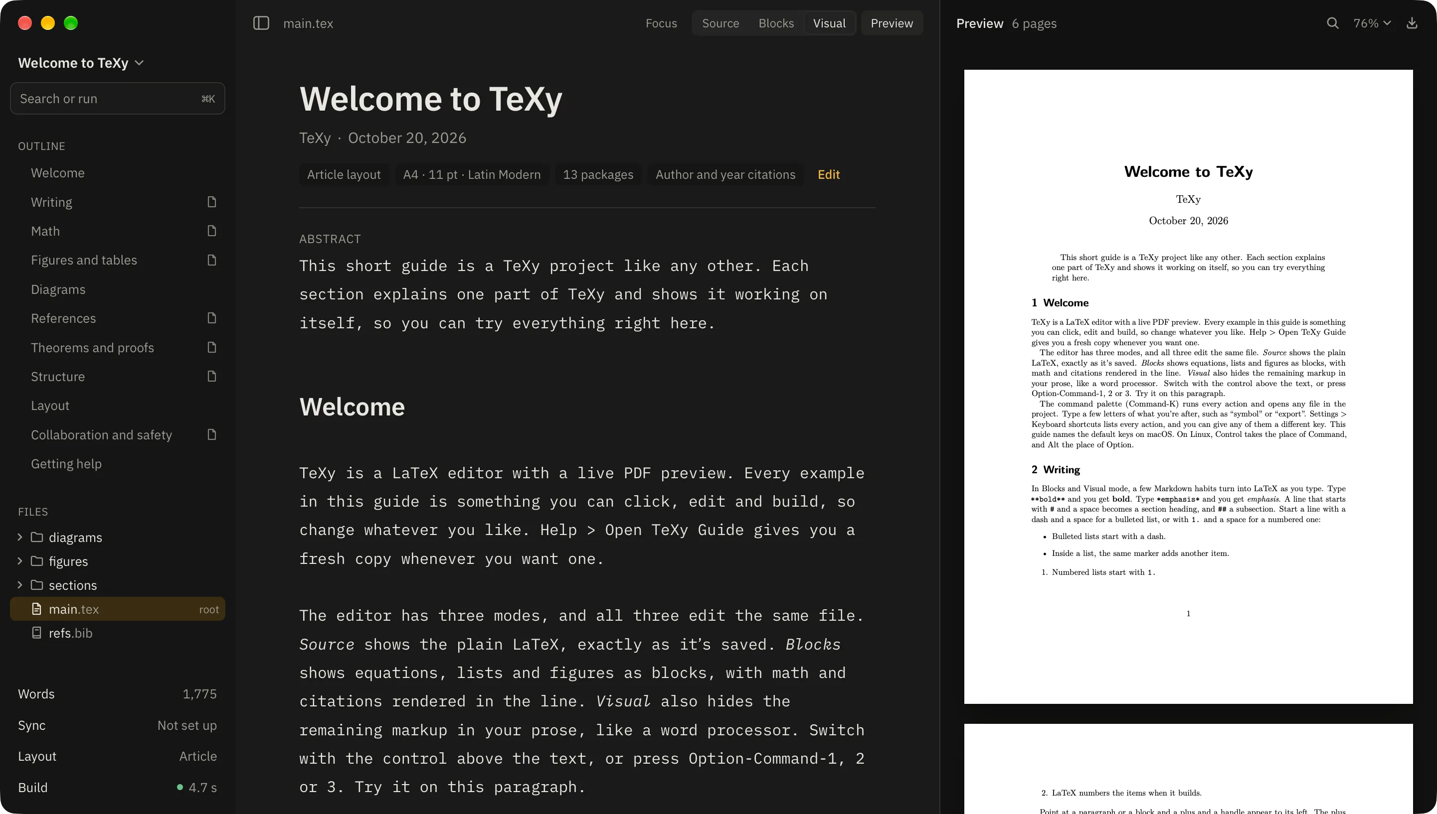 The TeXy window in Visual mode: an outline and file list on the left, the document “Welcome to TeXy” in the middle, and the compiled PDF preview on the right.